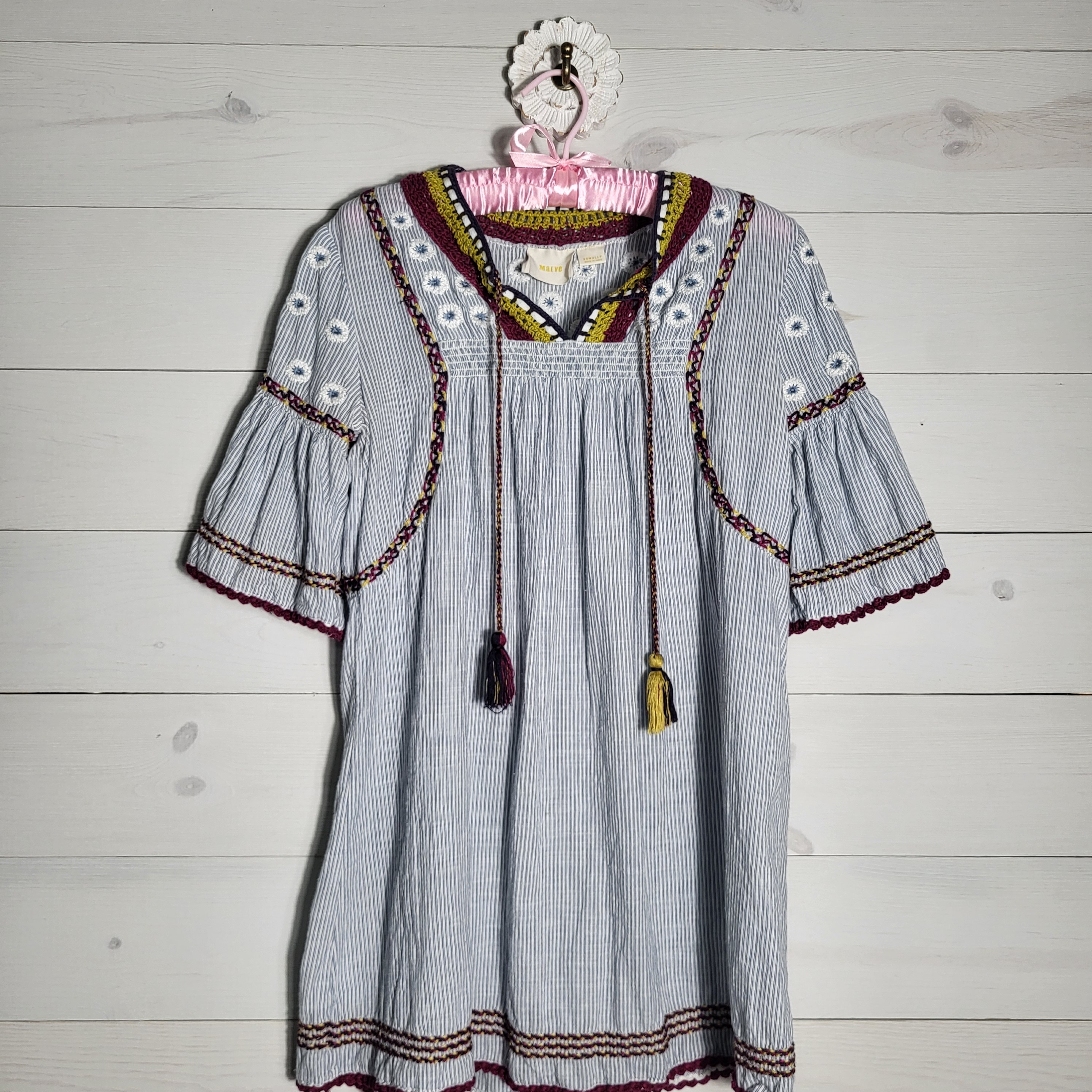 Maeve Anthropologie Tunic Top Stripe Embroidered Crochet Spring Summer Boho
